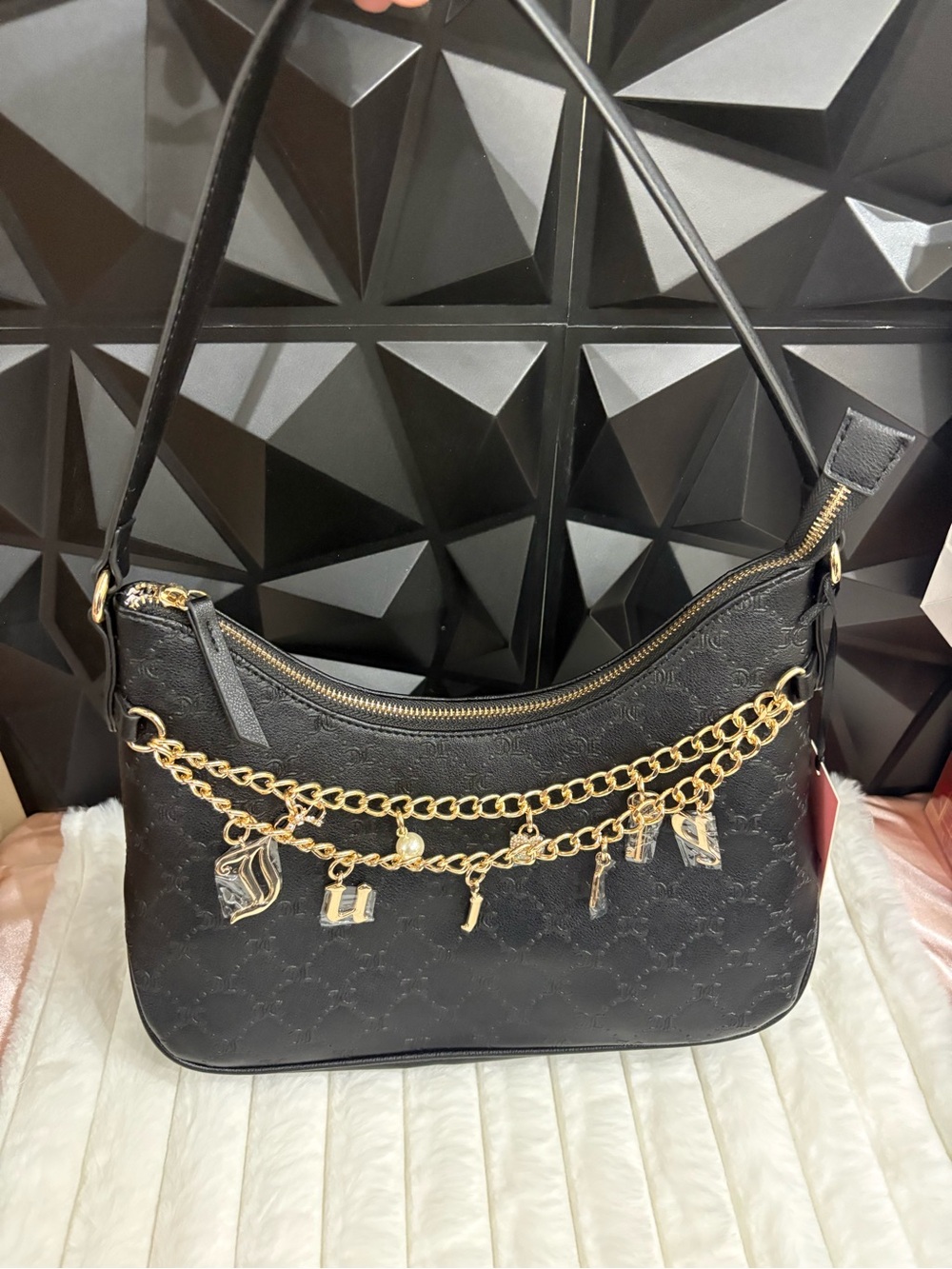 Juicy Couture Black Shoulder Bag with Gold Charm Chain
